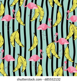 Tropical summer pattern with palm leaves,bananas,flamingos and striped print.Abstract,vintage,striped background.For textile,texture,fabric,prints,t-shirt graphic,wallpaper design.Vector illustration.