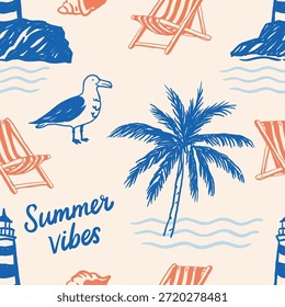 Tropisches Sommermuster mit Palme, Möwe, gestreiften Liegestühlen, Muschel, Leuchtturm und Text "Summer vibes" auf beigem Hintergrund. Geeignet für Sommerdrucke, Beachwear, Poster und Verpackungen.