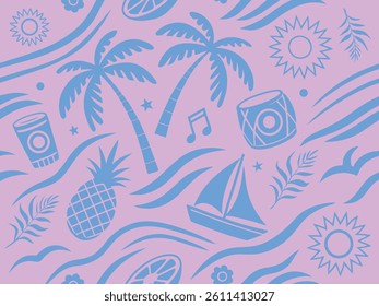 Tropical Summer Pattern with Palm Trees, Pineapple, Boat, Music Icons on Pink Background