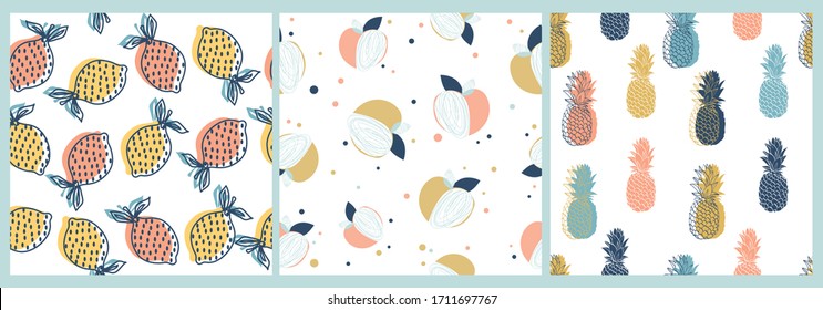 Tropical Summer Pattern Set with  Hand drawn illustrations of fruits like lemon, pineapple, apples in vector. Quirky Contemporary fruit print.