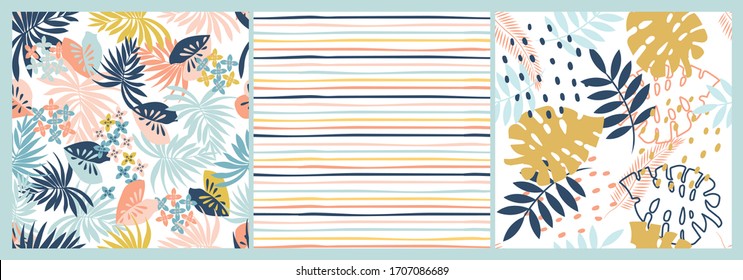Tropical Summer Pattern Set with Monstera, Palm leaves and stripes. Hand drawn illustrations in vector.