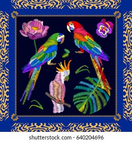 Tropical summer pattern. Silk scarf with embroidered parrots and palm leaves. Boho chic design.