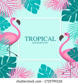 Tropical Summer with pink flamingos and Palm Leaves Banner.vector illustration