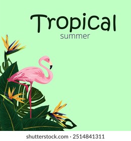 Tropical summer. Pink flamingos in the thickets of tropical leaves and flowers of the royal strelitzia. Vector illustration for design and web.