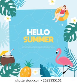 Tropical Summer Pool Illustration with Flamingo and Float