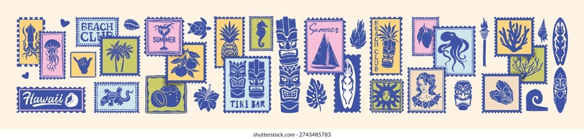 Tropical summer postal stamp, ocean beach postmark sticker, hand drawn doodle travel coastal print. Paradise island vacation badge set, Hawaii surfboard, tiki mask sign. Summer scrapbook stamp design