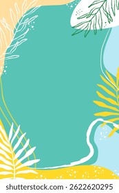 Tropical summer poster with abstract wavy background and colorful exotic leaves. Perfect for seasonal promotions, vacation ads, invitations, or event posters.