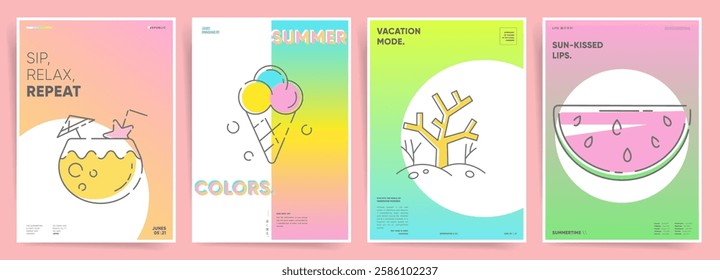 Tropical summer poster backgrounds. Soft pastel gradient designs with ocean inspired minimalist illustrations for modern decor.