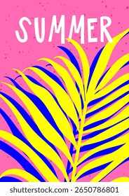 Tropical summer poster design with bold palm leaf. Exotic paradise plant, card with neon colors in modern trendy retro 80s style. Bright beach and jungle background. Flat vector illustration