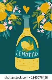 Tropical summer poster. Lemonade card. Hand drawn smoothies, lemonade, fresh, juice, detox. Vector illustration with lemons, flowers and bottle.