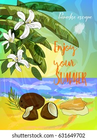 Tropical summer poster. Ocean beach with tropical leaves, coconut and seashell. Vector illustration.