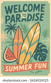 Cartaz de verão tropical - Design de panfletos retrô com frutas, pranchas de surfe e tema de paraíso de férias

