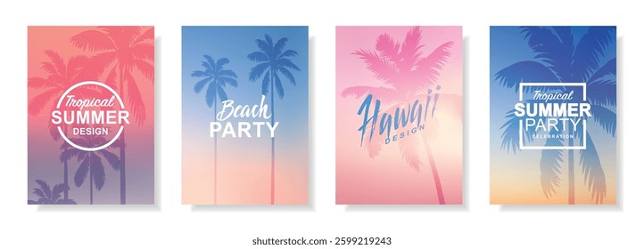 Tropical summer poster set. Flyer templates. Hawaiian backgrounds for greeting card and invitation for party. Sea ​​sunset and sunrise, palm tree silhouettes, evening sky. Vector illustration. 
