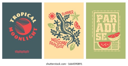 Tropical summer posters with palm leaves, fresh fruit and floral decor. Welcome to paradise vector shirts graphic templates.