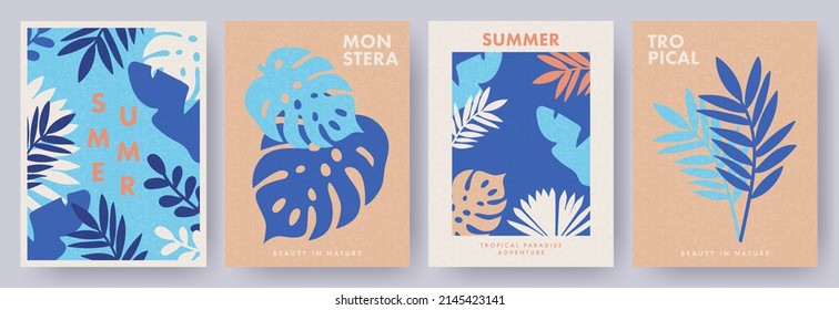 Tropical Summer posters set in minimalist style. Abstract Botanical Wall Art, Contemporary art prints with abstract tropical leaves, monstera and modern typography. Templates for cover, branding, ads