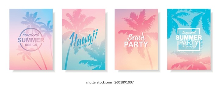 Tropical summer posters.Templates for greeting card, beach party flyer and wedding invitation.Hawaiian backgrounds with palm trees.Sea ​​sunset, sunrise, evening sky.Vector illustration set, meshes.