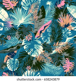 Tropical summer print with exotic leaves and plants. Trendy colors hand drawing seamless pattern  