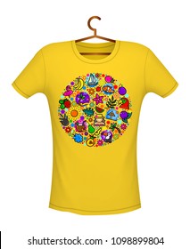 Tropical summer print on t-shirt yellow color, vector illustration