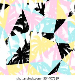 Tropical summer print with palm with geometric background. Trendy bright colors. Surf mood. Vector seamless pattern.