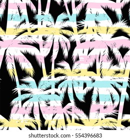 Tropical summer print with palm with stripes background. Trendy bright colors. Surf mood. Vector seamless pattern.