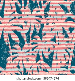 Tropical summer print with palm with stripes background. Trendy bright colors. Surf mood. Vector seamless pattern.