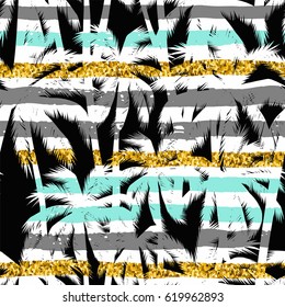 Tropical summer print with palm with stripes background. Trendy bright colors with gold glitter texture. Surf mood. Vector seamless pattern.
