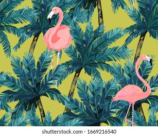 Tropical summer print. Seamless pattern with palm tree and flamingo.  Vector illustration