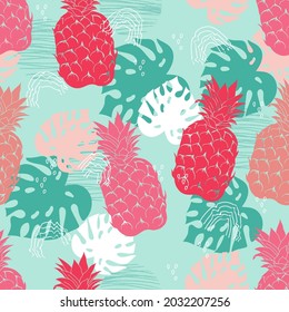 Tropical summer print or seamless pattern with  pineapples, vector illustration. Summer  pineapples fruits in decorative endless repeatable exotic print design for textile.