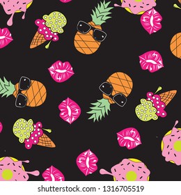 Tropical summer print for t-shirt, apparel, textile or wrapping. Pattern with lips, pineapples and ice cream