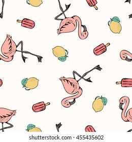 Tropical summer print for t-shirt, apparel, textile or wrapping. Pattern with flamingo's, popsicles and lemons in black, white and various colors. Vector is seamless and repeatable.