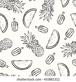 Tropical summer print for t-shirt, apparel, textile or wrapping. Pattern with melon parts, pineapples and popsicles in black and white silhouette. Vector is seamless and repeatable.