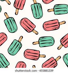 Tropical summer print for t-shirt, apparel, textile or wrapping. Pattern with popsicles in black, white and various colors. Vector is seamless and repeatable.