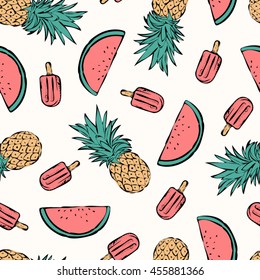 Tropical summer print for t-shirt, apparel, textile or wrapping. Pattern with melon parts, pineapples and popsicles in black, white and various colors. Vector is seamless and repeatable.