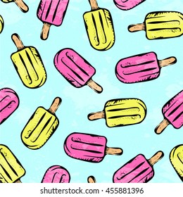 Tropical summer print for t-shirt, apparel, textile or wrapping. Pattern with popsicles in pink, yellow and blue background. Vector is seamless and repeatable, painted effect is easily removed.