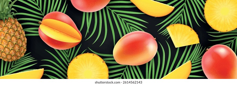 Tropical summer realistic background. 3D exotic fruits with palm leaves. Pineapple and mango.