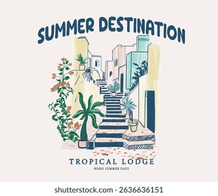 tropical summer resort vector art, European beach island motel hand drawn vector art, summer vacation artwork for t shirt,  poster, graphic print, Mediterranean homes watercolor vector illustration