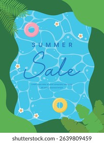 Tropical summer sale background with palm trees, pool floats, flowers and sunshine. Perfect for summer, seasonal promotions and vacation, travel themed designs.