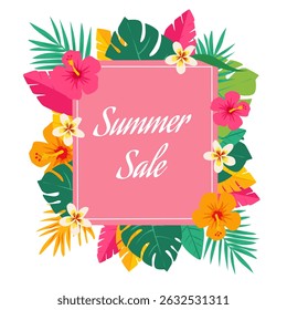 Tropical summer sale banner with colorful flowers and leaves. Bright and cheerful design perfect for seasonal promotions and advertisements