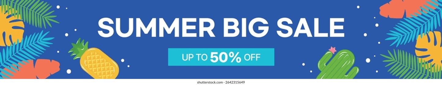 Tropical summer sale banner with tropical leaves, pineapple and cactus shaped tubes. Summer, vacation and seasonal discount promotion on bright blue background.