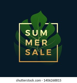 Tropical Summer Sale Banner. Monstera Palm Leaf In a Golden frame with Modern Typography. Abstract Vector Special Offer Sign, Symbol or Elegant Card Design. Dark Blue Background.