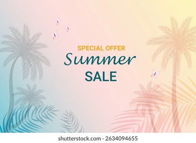 	
Tropical Summer Sale Banner with Palm Trees and Gradient Background	
