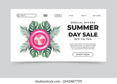 Tropical summer sale banner with pink lifebuoy, green leaves, and clean white background layout.