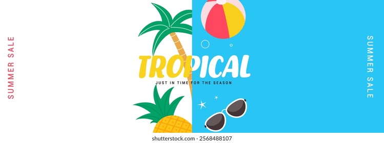 Tropical Summer Sale Banner or Poster template with Sunglasses, tree, Beach Ball and Tropical Elements, Vibrant Summer Sale.