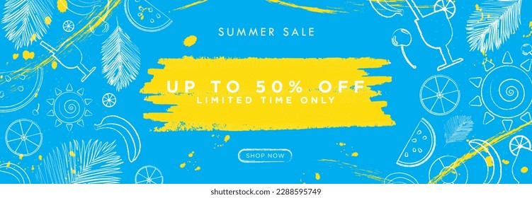 Sale Tropical Summer Sale Cepillo Grunge Strokes y Splatter hasta un 50% de descuento en el signo de venta con etiqueta de sólo tiempo limitado y botón Comprar ahora CTA. Ilustración vectorial. EPS 10