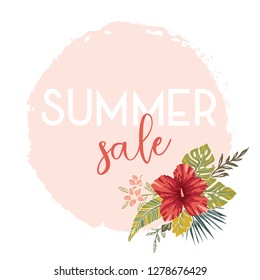 Tropical Summer Sale Poster on Pink and White Background. Exotic Foliage, Hibiscus Vector Ad.