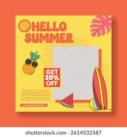Tropical Summer sale social media post, web banner editable template, summer vacation, holiday, summer pool party social media flyer or poster, summer tropical vector retro style background