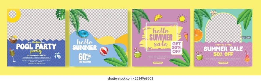 Tropical Summer sale social media post, web banner editable template set, summer vacation,  holiday, summer pool party social media flyer or poster design bundle with summer tropical background design