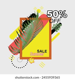 tropical  summer sale template. Composition of palm tree leaves with geometric shapes   Concept of tropical summer sale banner for posters, flyers ,cards, advertising purpose.