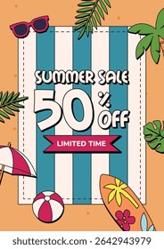 Tropical summer sale vector poster template with palm leaves, sun, beach elements, and vibrant promotional text layout for seasonal campaigns.