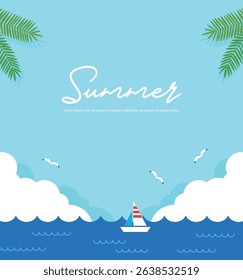 Tropical summer scene with a sailboat on the ocean, seagulls flying, and palm leaves. Perfect for vacation, summer, travel, and holiday themes.